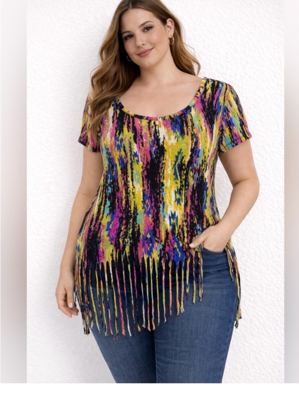 DOTS brand Multicolor Abstract Fringe Hem Short Sleeve Top Size M